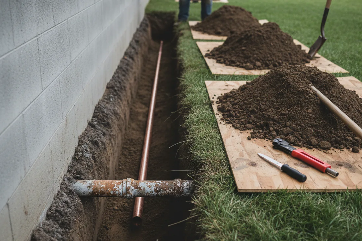 Excavated water line trench during Water Heater Repair in Whitmire